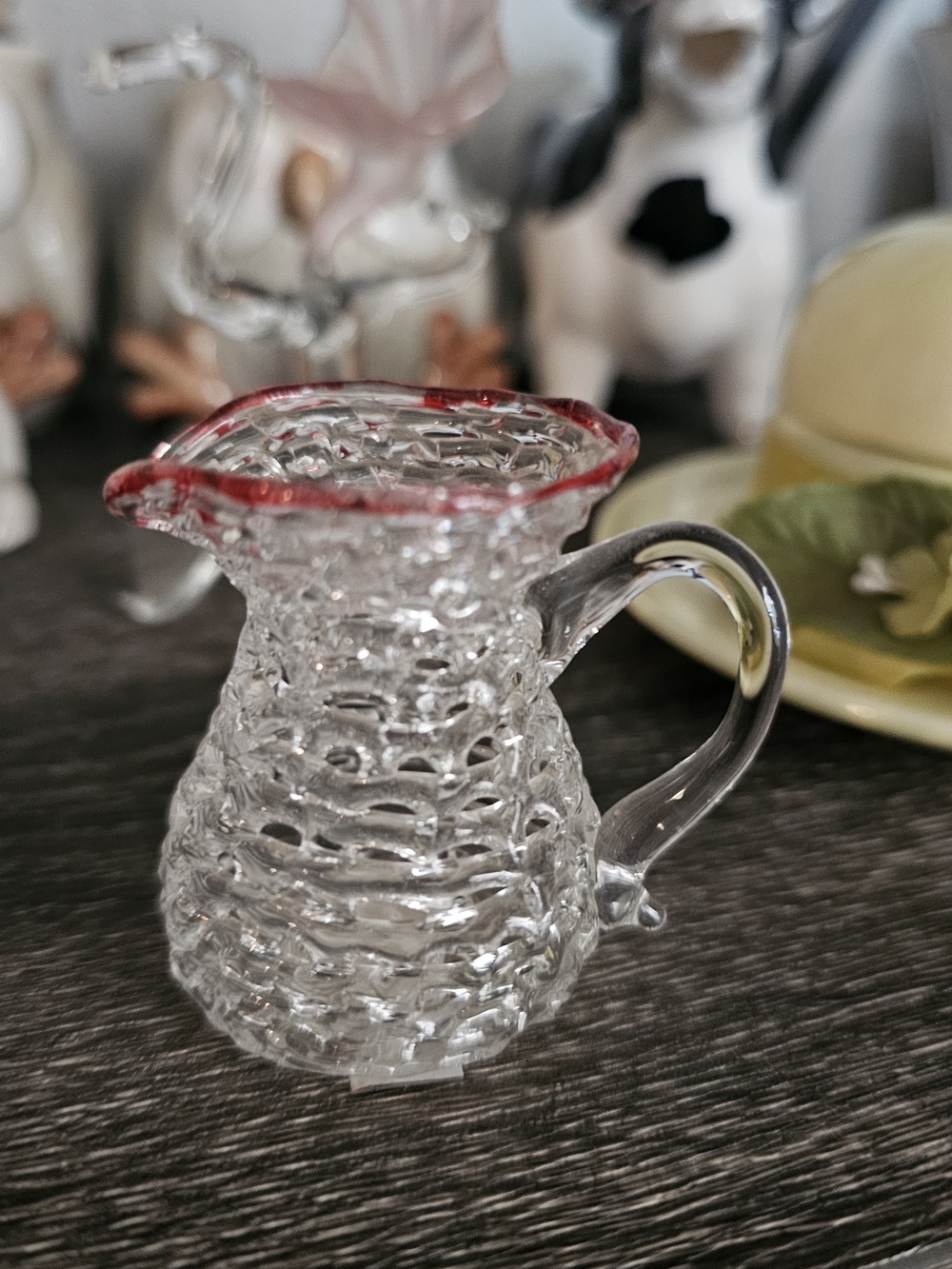 Clear Textured Glass Creamer with Red Rim